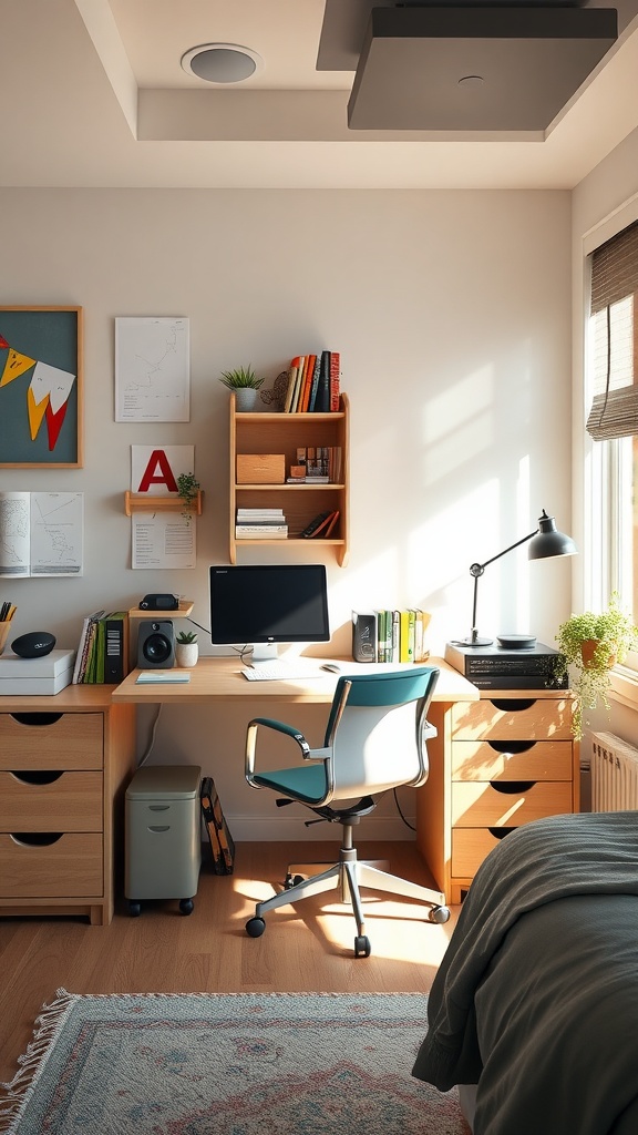 A cozy bedroom workspace featuring a desk, chair, and decorative shelving.