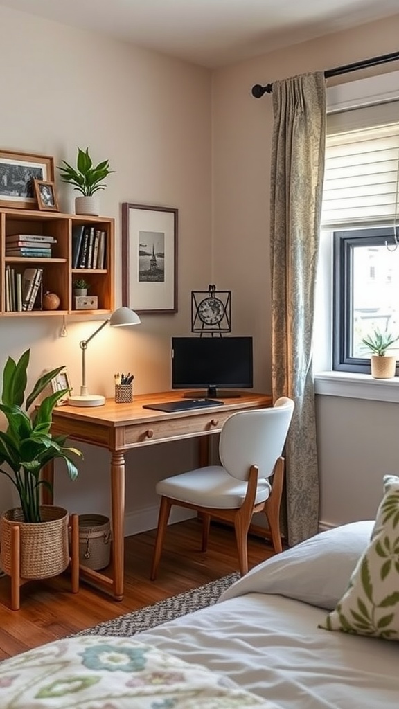 A cozy bedroom workspace with a desk, chair, and decorative elements.