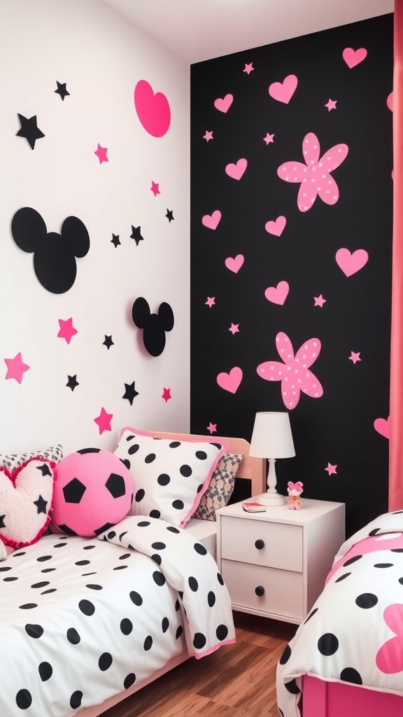 A bedroom featuring black and pink wall stickers with stars and letters.