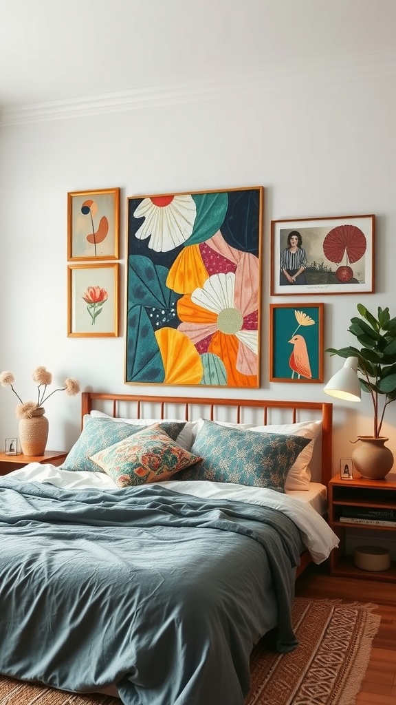 Gallery wall featuring various framed art and photographs in a western boho bedroom