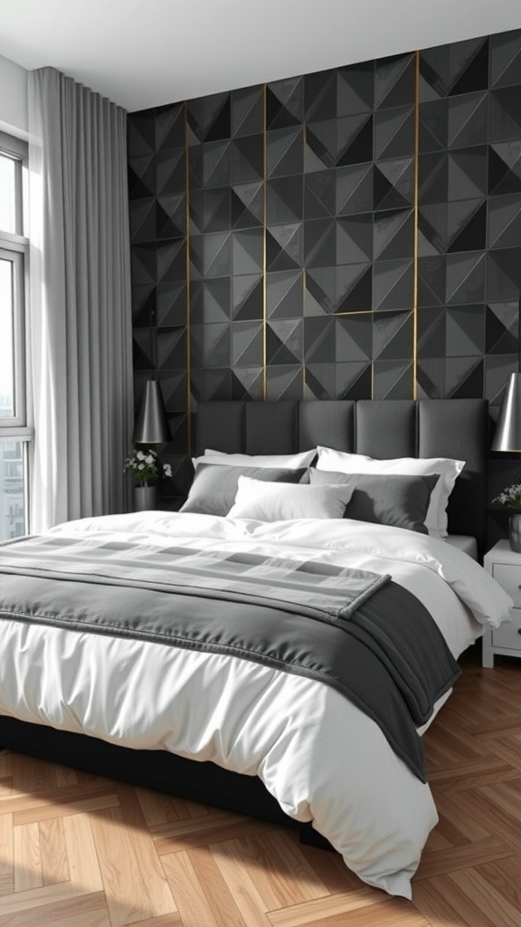 A modern bedroom featuring a geometric patterned wall in black and gray with gold accents.