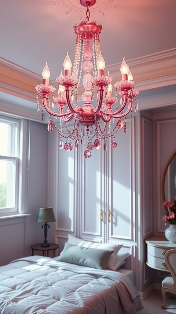 A beautiful pink chandelier hanging in a stylish bedroom.