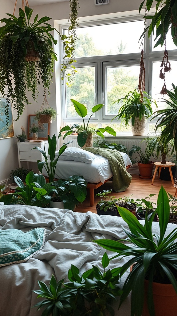 A bright and green bedroom filled with various indoor plants.