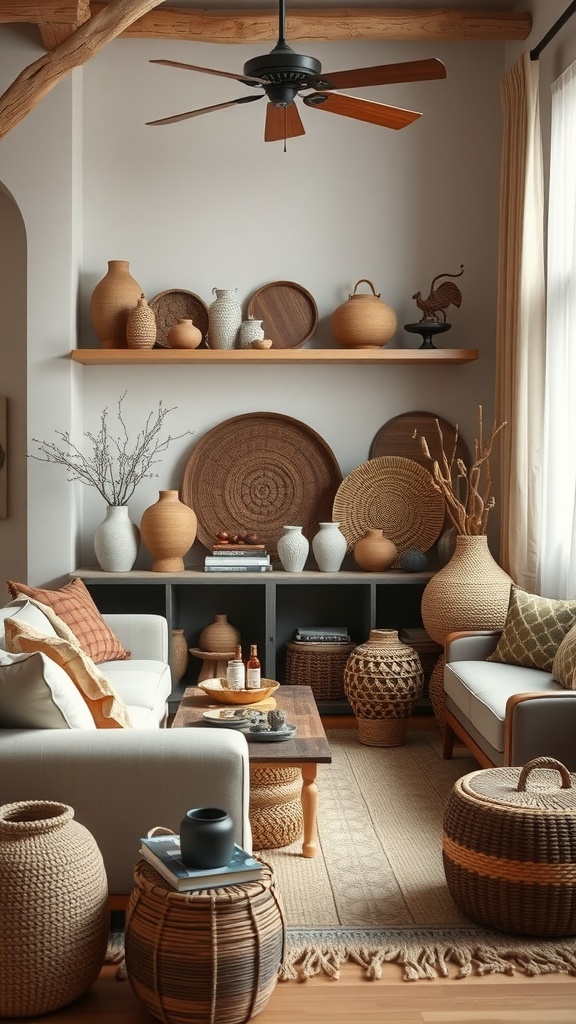 A cozy living room featuring handcrafted pottery, woven baskets, and a rustic wooden coffee table.