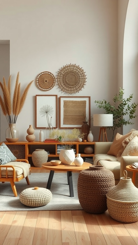 A cozy living room featuring handcrafted decor with earthy tones, woven wall art, and natural materials.