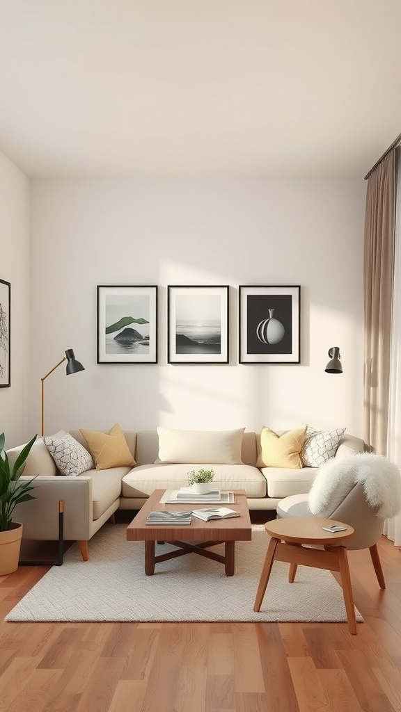 A small living room featuring a neutral color palette with a beige sofa, wooden coffee table, and various decorative elements.