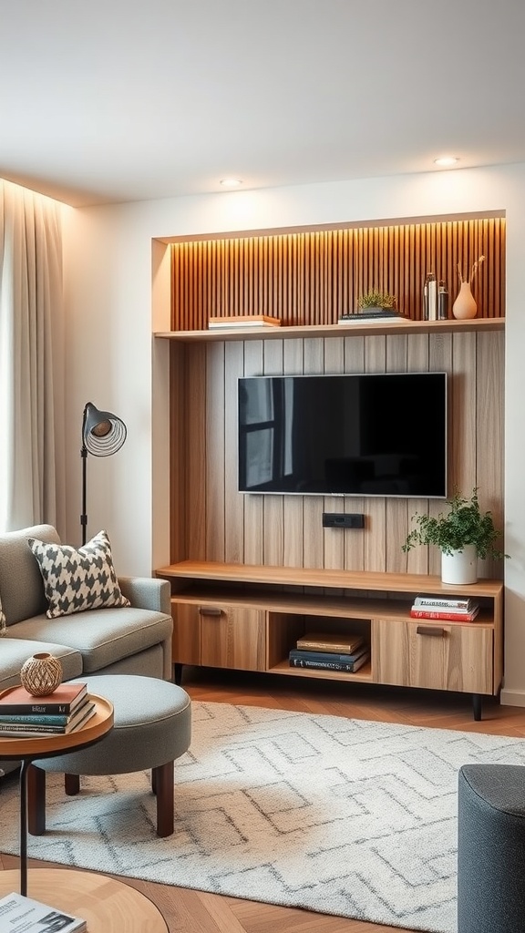 A stylish compact entertainment center with a TV, shelves, and cozy seating in a small living room.