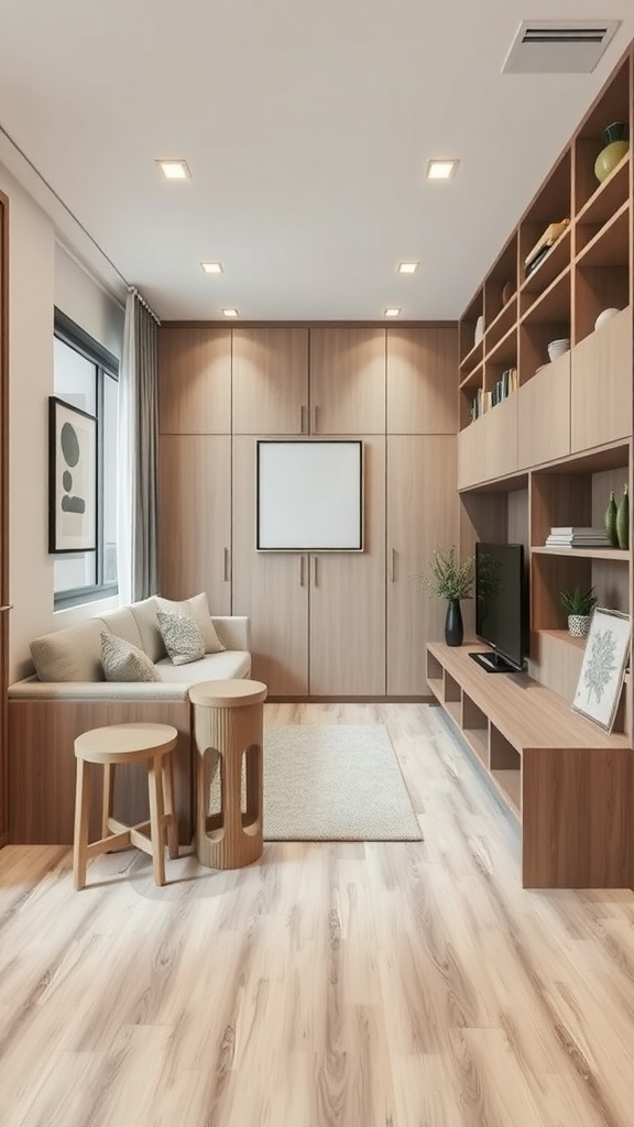 A stylish small living room featuring built-in furniture, including a cozy sofa and wooden shelves.