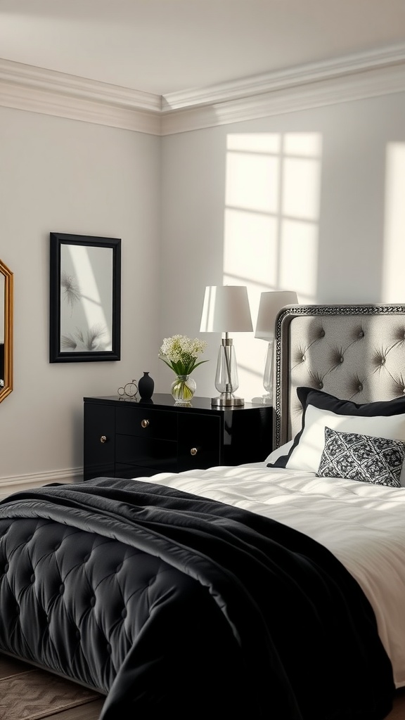 A stylish black, white, and gray bedroom with metallic accents.