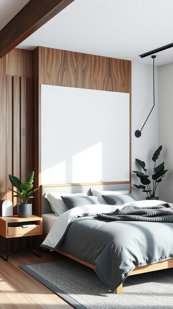 A stylish bedroom featuring wooden accents, gray bedding, and indoor plants.