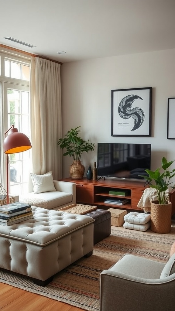 A cozy small living room with storage solutions like an ottoman and stylish baskets.