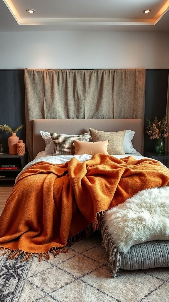 A cozy bedroom with soft textiles including a cream blanket, colorful pillows, and a fluffy rug.