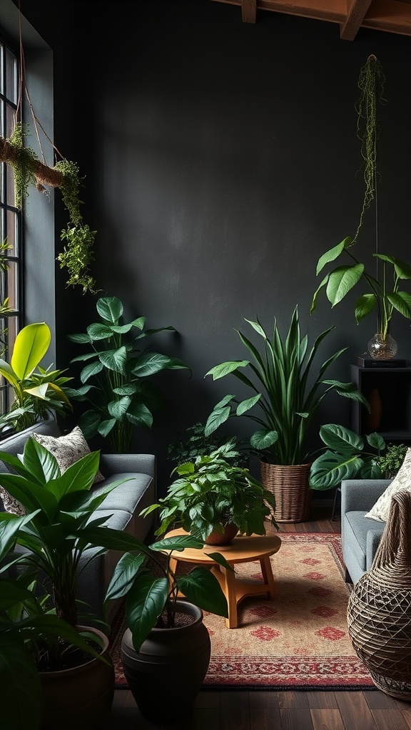 A dark earthy living room with various indoor plants, showcasing large leafy greens, a cozy sofa, and a warm atmosphere.