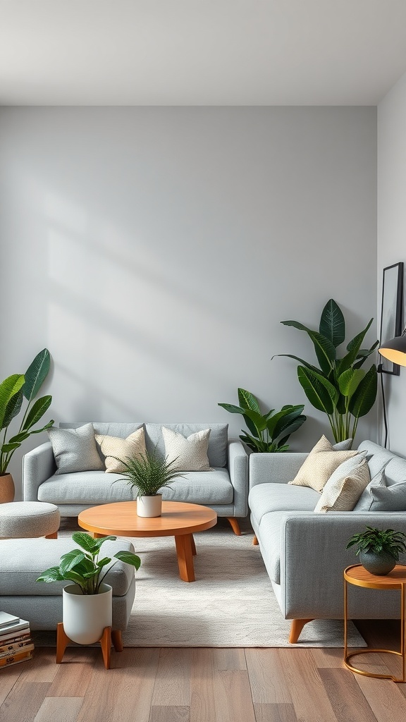 A stylish living room featuring a light grey couch, various indoor plants, and a wooden coffee table, highlighting a neutral theme.