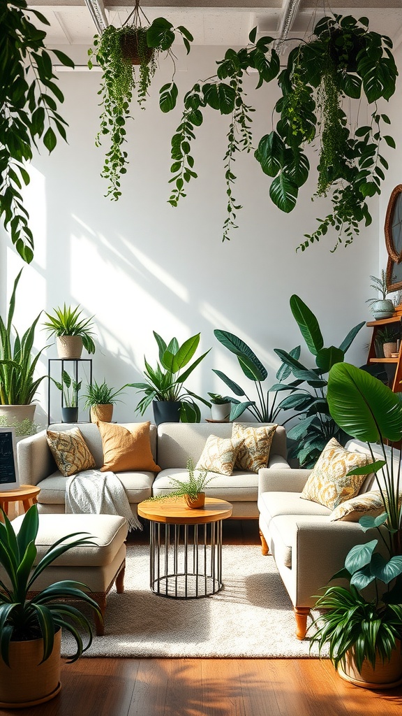 A bright living room filled with various indoor plants, showcasing a cozy sofa and a wooden coffee table.