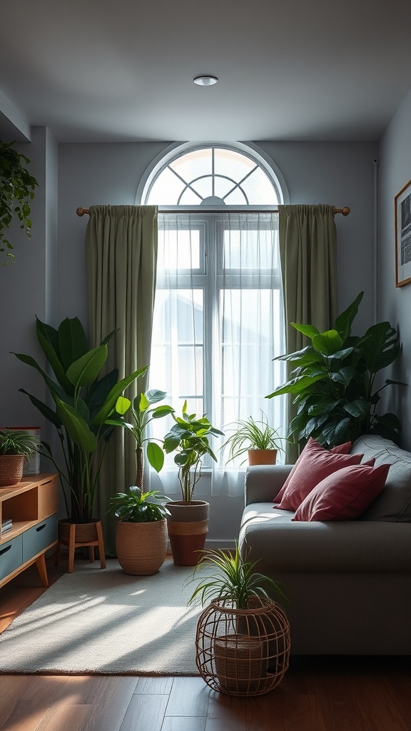 Cozy living room with various indoor plants near a window