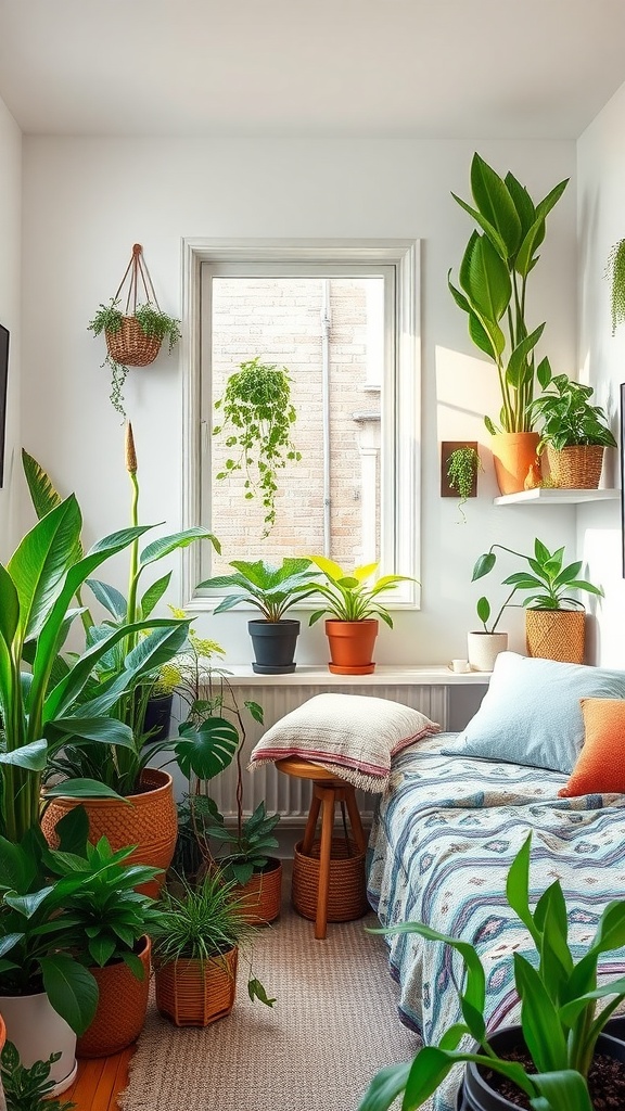 A cozy bedroom filled with various indoor plants and a comfortable bed