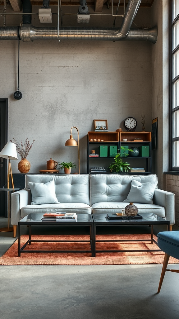 A light grey couch in an industrial-style living room with metal accents