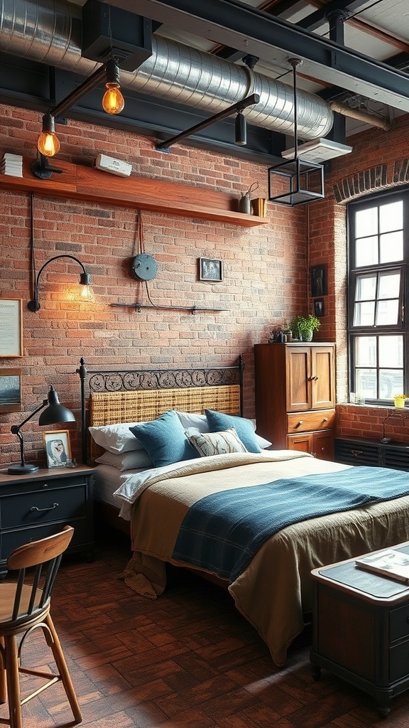 An industrial-style bedroom featuring exposed brick walls, metal bed frame, and warm lighting.