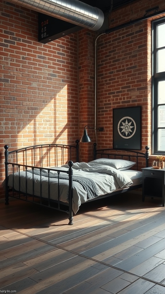 A stylish industrial bedroom featuring a black metal bed frame, exposed brick walls, and natural light.