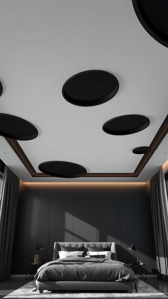 Bedroom ceiling design featuring circular black elements on a gray background.