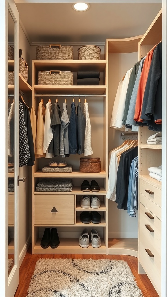 A neatly organized closet with clothing, shoes, and storage baskets.