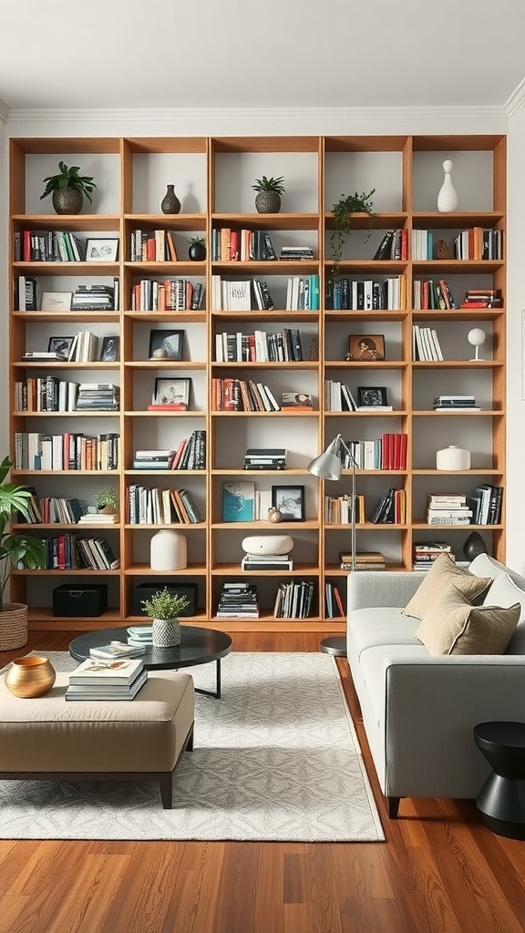 A stylish living room featuring a wooden shelving unit filled with books and decorative items.