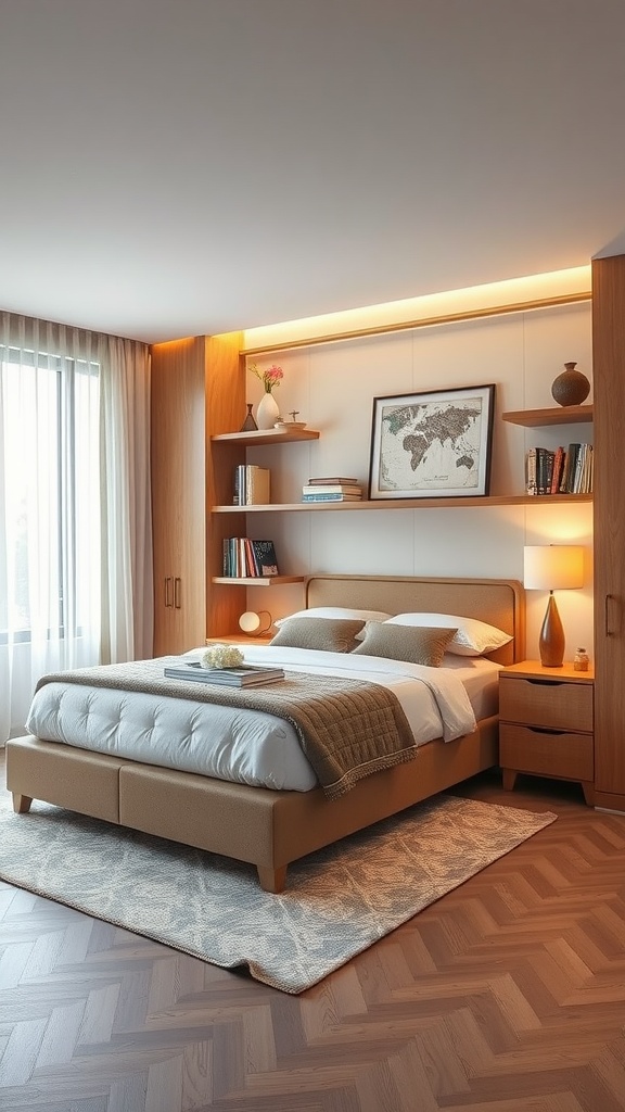 A modern bedroom featuring a bed with a cozy blanket, floating shelves, and a stylish nightstand.