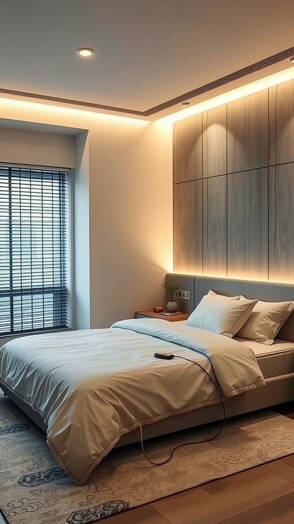 A modern bedroom with a bed, soft lighting, and a cozy atmosphere.