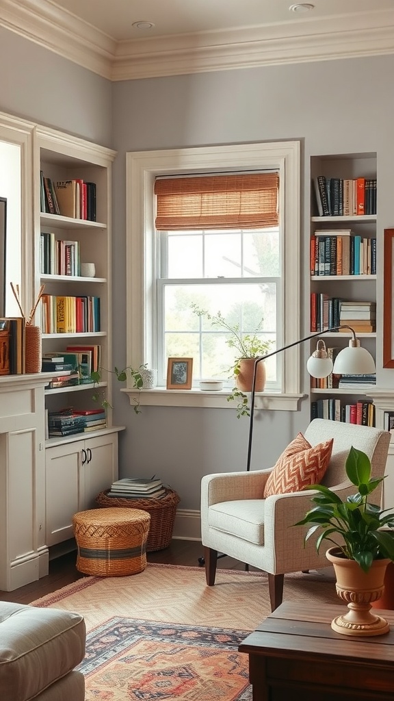 Cozy traditional living room with a book nook featuring a comfortable chair, bookshelves, and warm lighting.