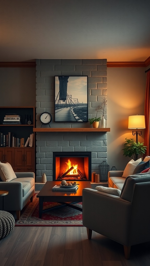 A cozy living room with a fireplace, comfortable seating, and decorative elements