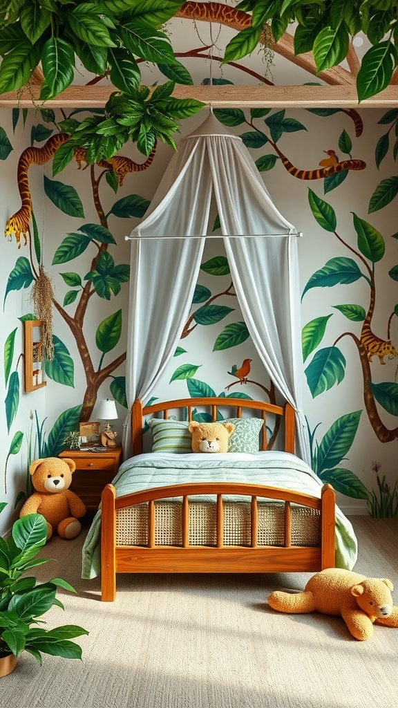 A toddler boy's bedroom featuring jungle-themed decor with leafy wall designs, plush animal toys, and a cozy bed.