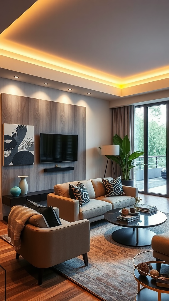 A stylish living room featuring layered lighting effects, showcasing a modern design.