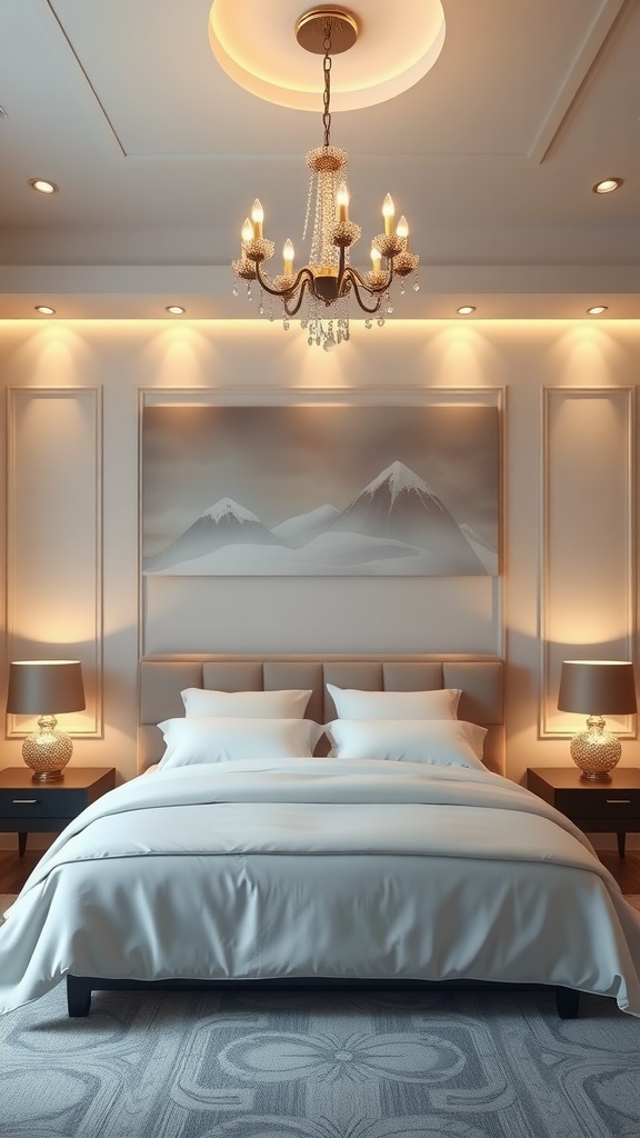 A beautifully lit bedroom showcasing a chandelier and bedside lamps, creating a cozy atmosphere.