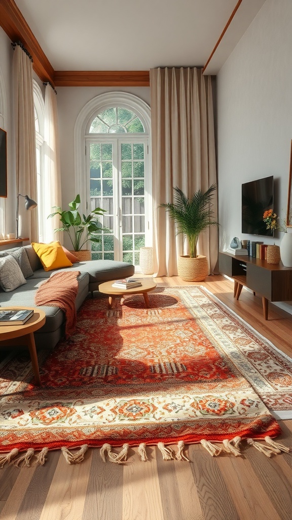 A cozy living room featuring layered rugs, warm wood floors, and a bright atmosphere.