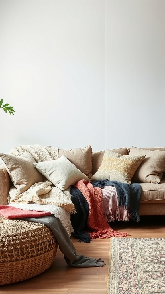 Cozy living room with layered textiles including blankets and pillows on a couch