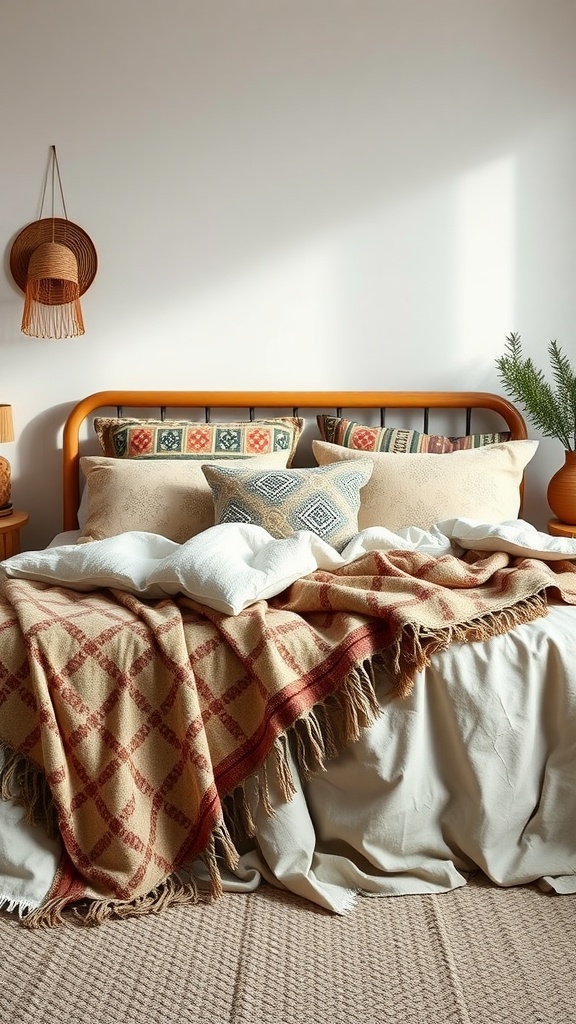 A boho bedroom featuring a bed with layered textiles, patterned pillows, and a fringed throw blanket.