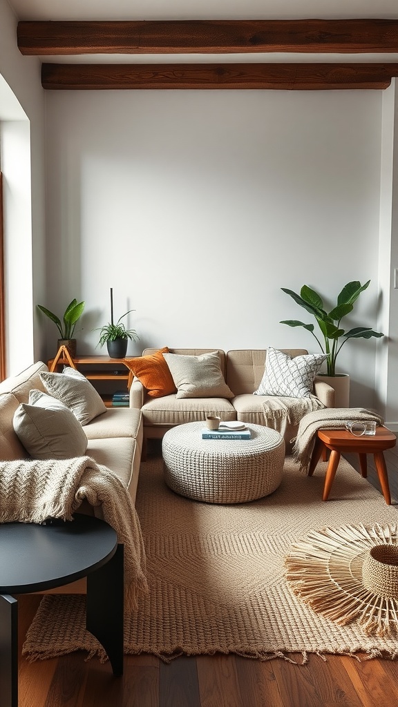 A cozy living room featuring layered textures with a knitted throw, wooden furniture, and indoor plants.