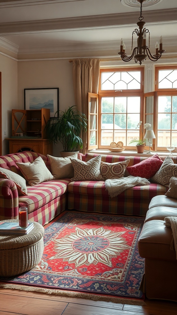 Cozy traditional living room with layered textures, featuring a sectional sofa with pillows and an area rug.