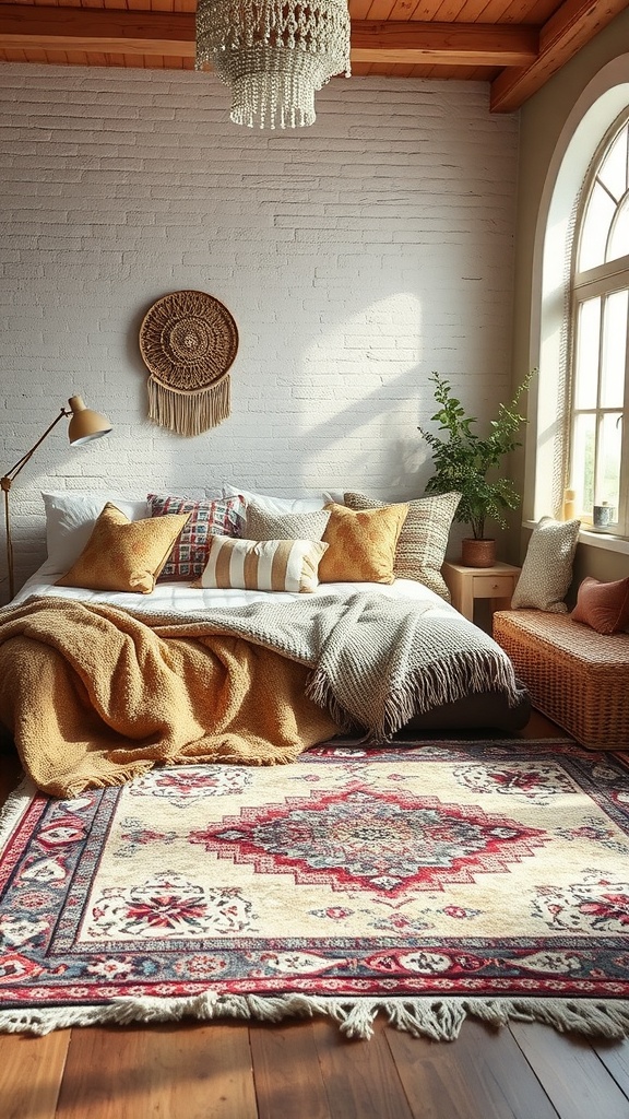 Cozy bedroom with layered textures including soft pillows, a blanket, and a decorative rug.