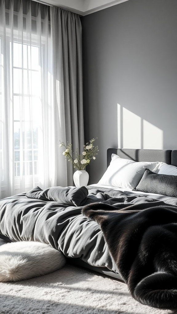 A stylish black, white, and gray bedroom featuring layered textures with soft bedding, a plush throw, and a fluffy rug.