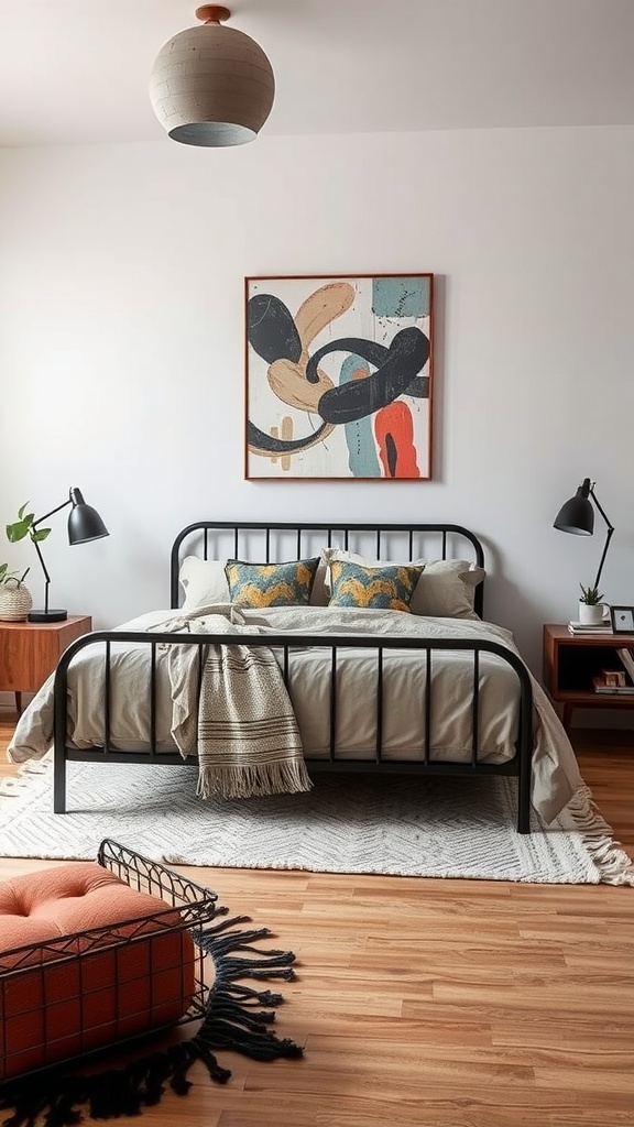 A modern bedroom featuring a black bedframe, layered bedding, and warm wooden floors, with natural light highlighting the textures.