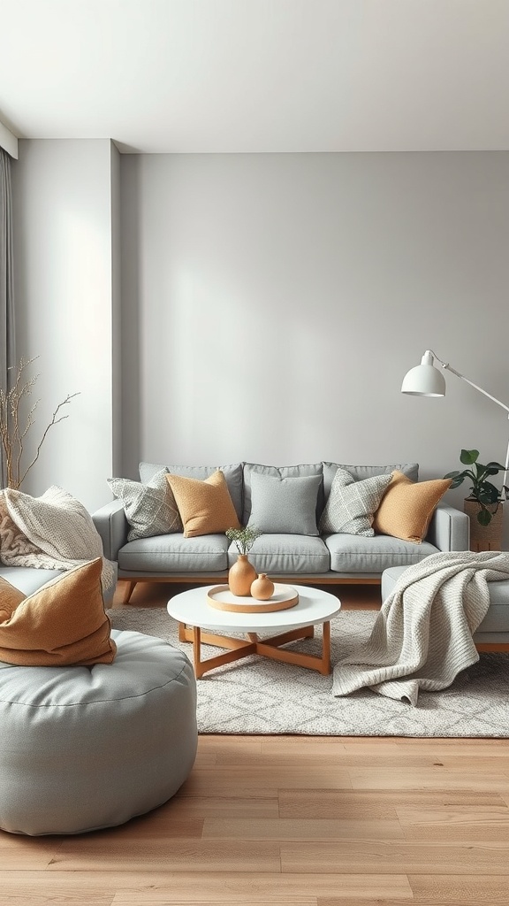 Cozy living room featuring a light grey couch with beige accents, decorative pillows, a round coffee table, and a plant.