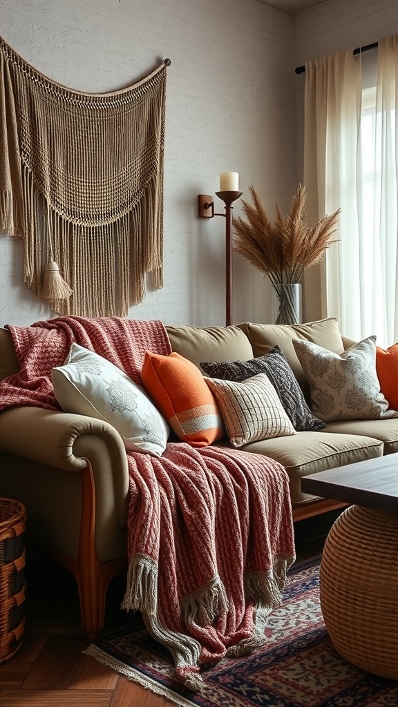 Cozy living room with layered textures, featuring throws and cushions on a sofa.