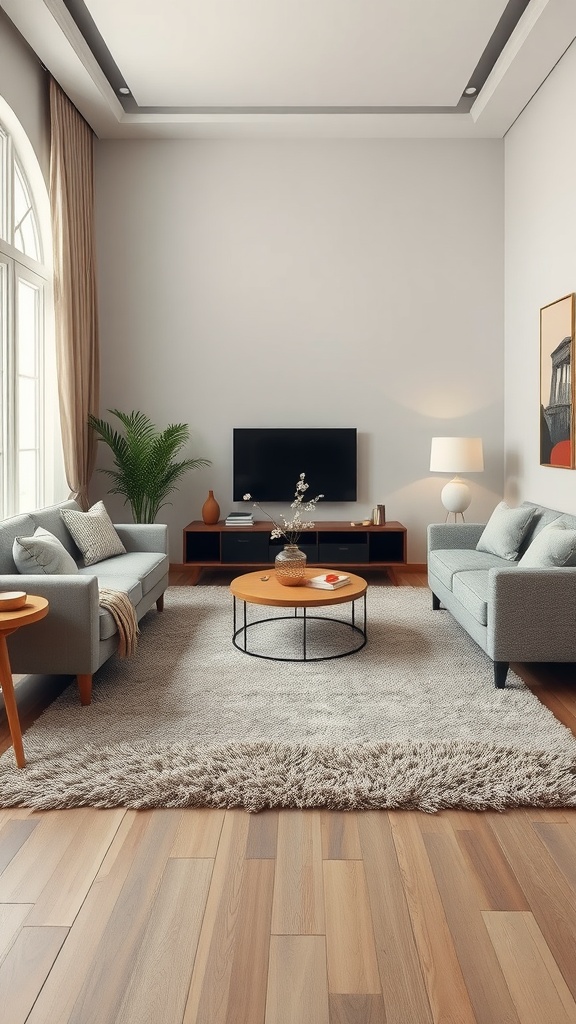 A stylish living room featuring layered rugs, light grey couches, and a wooden coffee table.