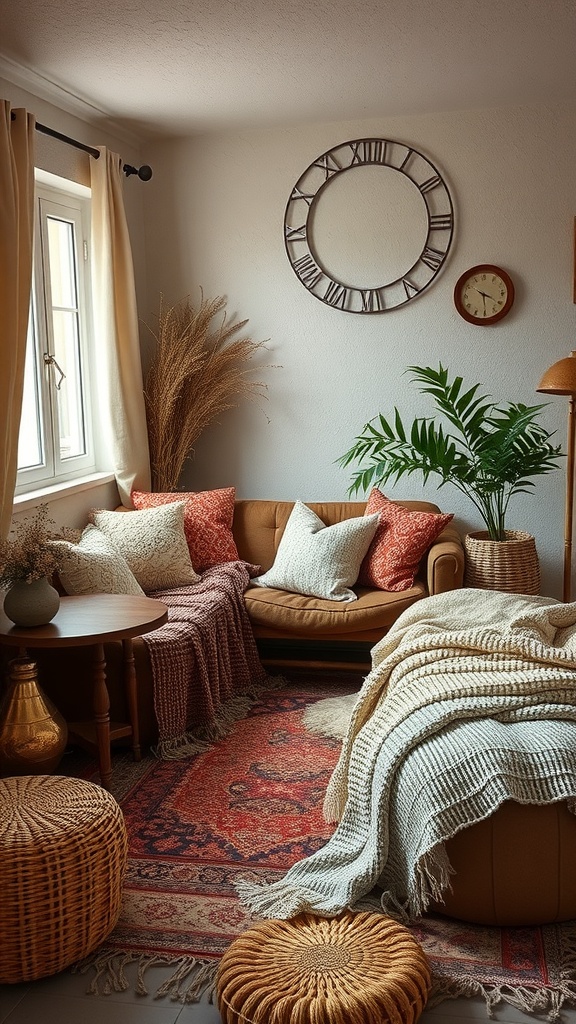 Cozy small living room with layered textures, including throw blankets, pillows, and woven baskets.