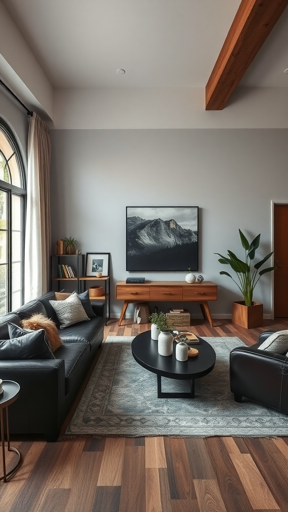 A cozy living room featuring black leather furniture, wooden flooring, and plants.