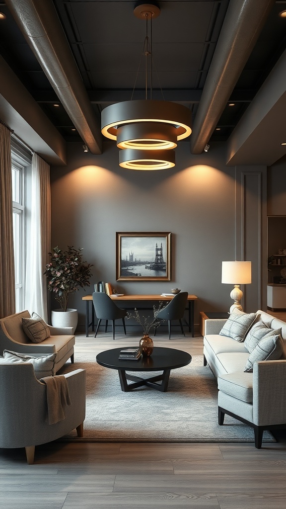 Stylish gray and beige living room with modern lighting.