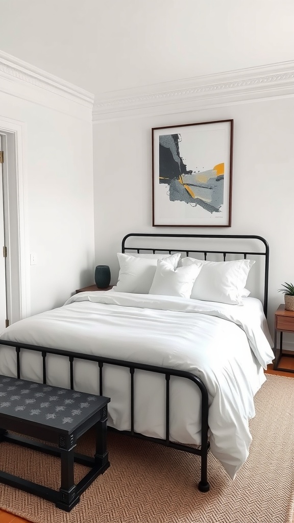 Modern bedroom featuring a black bedframe, metallic accents, and stylish decor