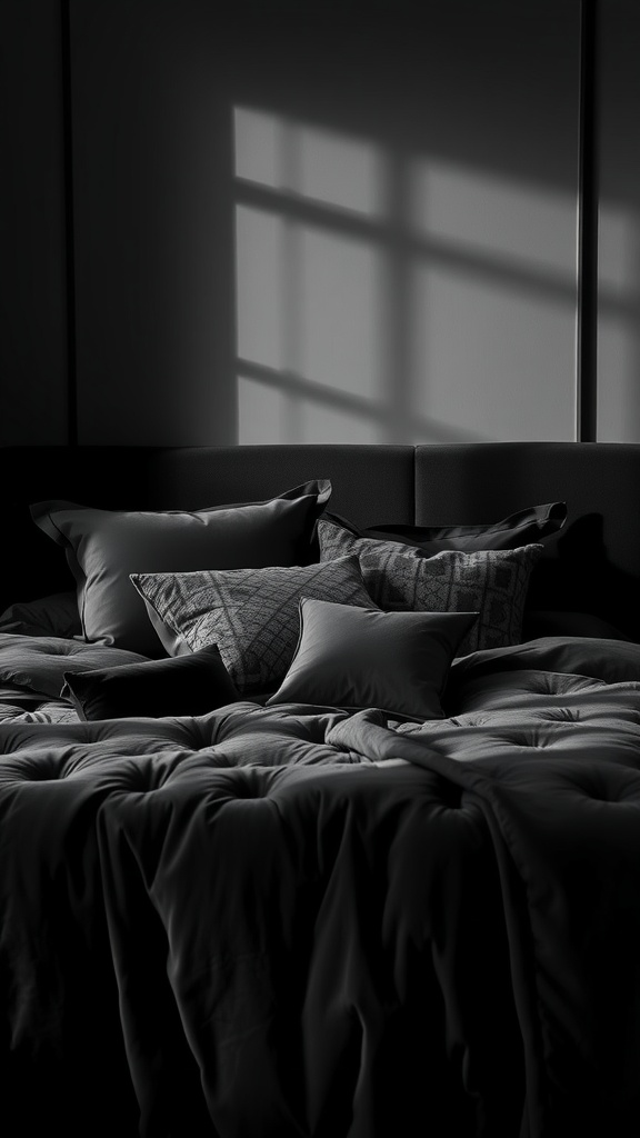 Luxurious black, white, and gray bedding with multiple pillows